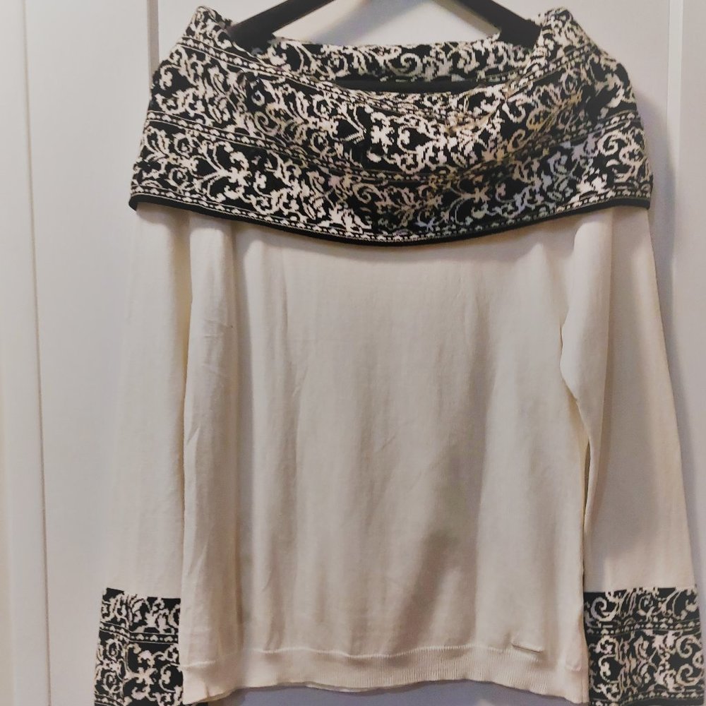 ANNE KLEIN Women's Long Sleeve Knit - Black & Cream Neckline/Cuff - Size XL